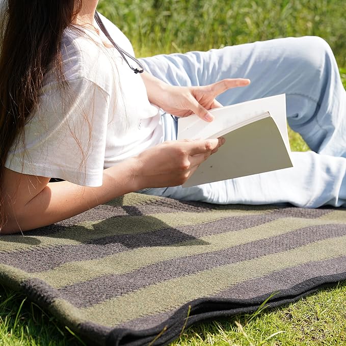 PuTian Merino Wool Blanket - 63" x 51" Thick Warm Soft Twin Bed Throw - Great for Camping, Outdoors, Travel, Car, Couch, All Seasons Green Stripe