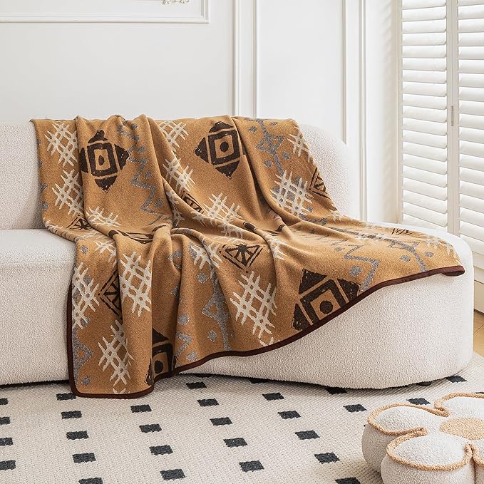 PuTian Merino Wool Blanket - Soft Warm Heavy Washable Large Bed Throw for Outdoor Camping Couch Van Travel Grass, 87x63 Khaki Boho