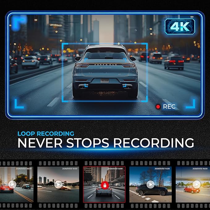 AutoSky 4K Dash Cam Pro – Front 4K + Rear 1080P | GPS, WiFi, App Control, G-Sensor | Night Vision, Loop Recording, Parking Mode – 64GB Included