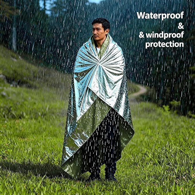 Ruten Double-Sided Green/Silver Thermal Emergency Blanket (4-Pack) - Extra Large 63x82.7 Heavy Duty Mylar Foil Space Blankets for Camping, Car, Hiking, Survival Kits - Windproof & Waterproof