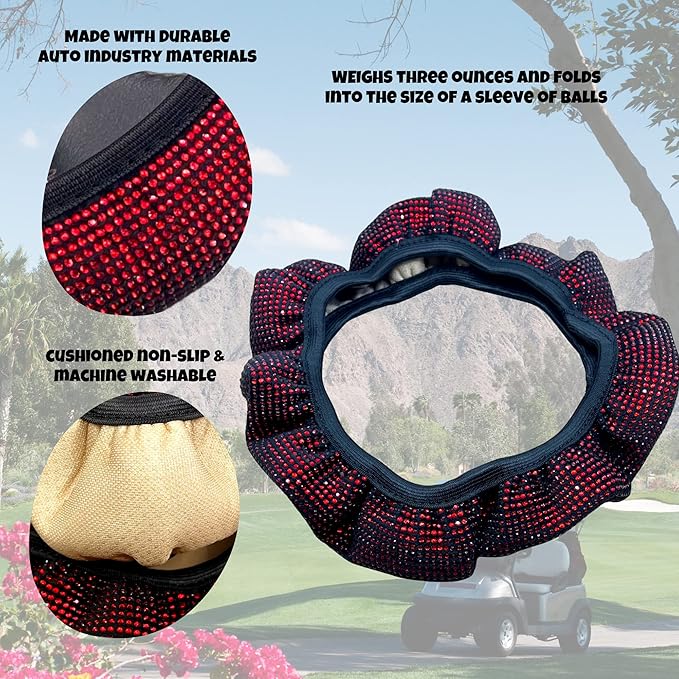 Universal Colorful Bling Crystal Diamond Rhinestones Golf Cart Steering Wheel Cover fits Club Car, Yahama, EZGO, Anti Slip Cover Easy to Install, Great Gifts for Golfer Women Womens (Red Diamond)