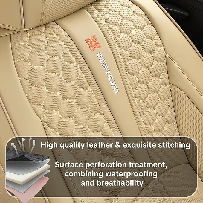 Beige Car Seat Covers for Ford Bronco Sport 2021-2025 Car Seat Cover, Faux Leather, 5 Piece Full Set, Waterproof, with Lumbar Support, Protect and Upgrade Seats