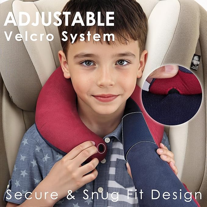 Kids Travel Neck Pillow, Toddler Travel Pillow for Car & Airplane and Head & Chin Support, Comfortably Travel Neck Pillow for Road Trip Sleeping, Gifts for Toddler/Child/Kids (Wine Red & Dark Blue)