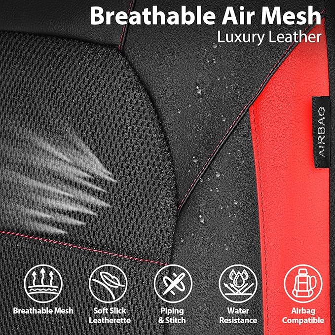 CAR PASS Universal Leather car seat Covers Sport fits Most Cars, SUVs, Trucks, and Vans (Full Set, Black Red)