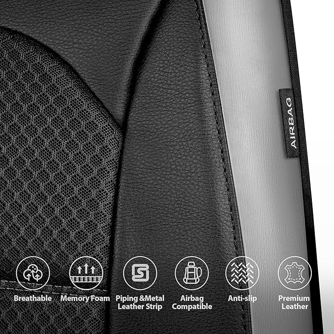 CAR PASS Memory Foam Car Seat Covers,Air Cool Mesh Thick Seat Covers Front Seats,Gray Metal Film Leather Seat Cover for Car,Universal Automotive Comfort for Most Car,Truck,Airbag Compatible,Black/Grey
