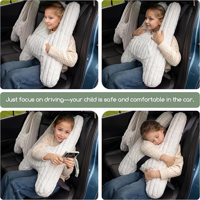HIGOGOGO Washable Travel Pillow, Car Pillow for Kids & Adults, Upgraded Travel Pillows with Removable Soft Cover and High-Support Foam, Fix Neck and Body Sitting/Sleeping on The Trip, Beige