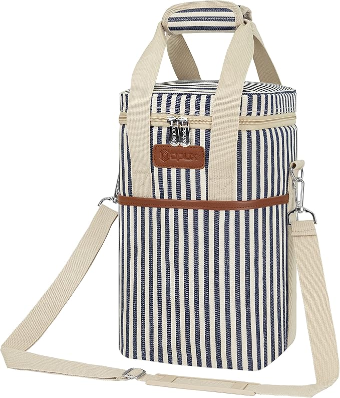 Opux 4 Bottle Insulated Wine Cooler Bag - Portable, Leakproof Padded Carrier for Travel, Picnic, BYOB - Navy White Stripe