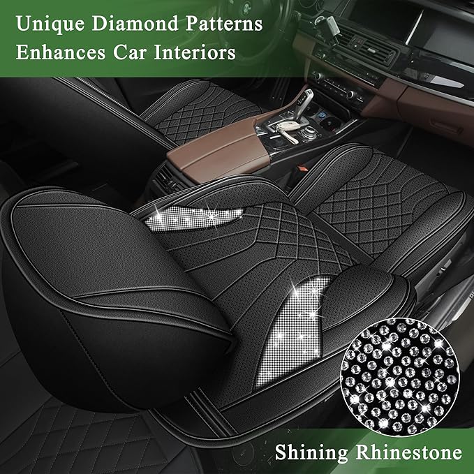 Bling Diamond Embroidered Seat Covers for Nissan Murano 2011-2025 2026, Full Set 5 Seats, Sparkle Rhinestone Breathable Perforated Faux Leather Car Seat Covers for Women (Black)