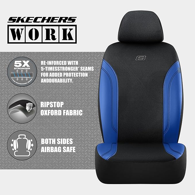 Skechers Car Seat Covers, Work Leather Seat Covers 5-Times Stronger Built-in Webbing, Oxford Fabric Seat Cover Full Sets, Airbag Compatible, Automotive Comfort for Cars, Trucks, SUVs,Blue