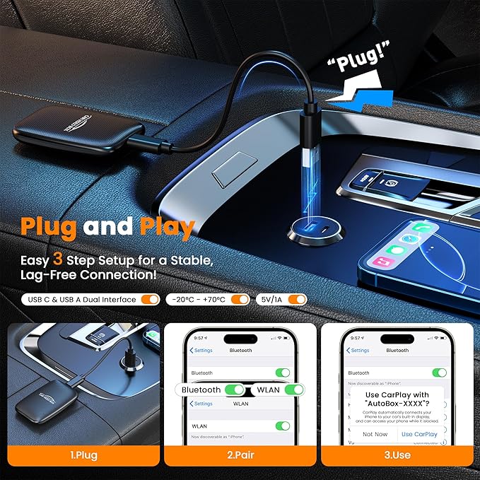 2026 Upgraded 3-in-1 Wireless CarPlay & Android Auto Adapter, Convert Wired to Wireless with USB-A/USB-C Cables, AI Box CarPlay Supports Netflix/YouTube/TF Playback for iPhone