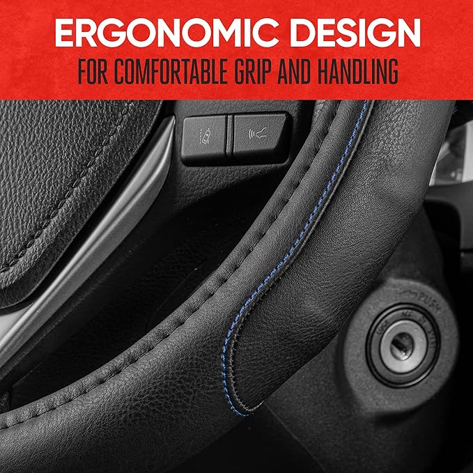 Motor Trend GripDrive Faux Black Leather Steering Wheel Cover for Car Truck Van SUV, Standard 15 inch Size, Blue Accent Stitched Car Steering Wheel Cover Vehicle & Auto Accessories