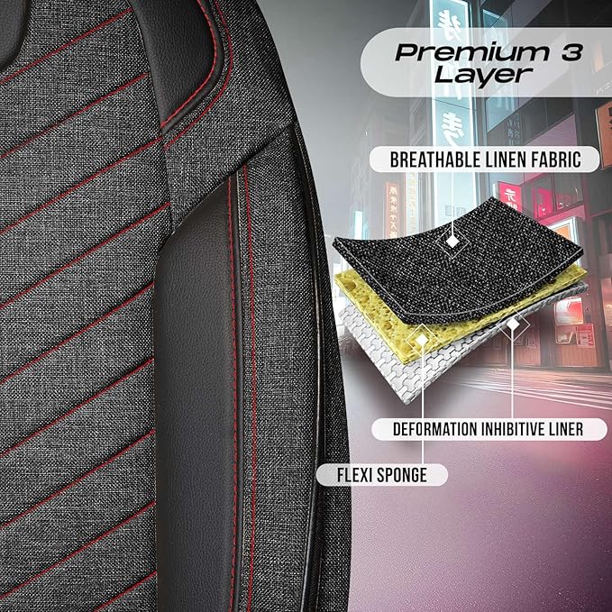Premium Car Seat Covers Front Seat - Linen Car Seat Cover for SUV, Cars, Most Pickups, Black-Red Stitching, Car Seat Protector, Car Seat Covers Front Seats, Car Seat Protector