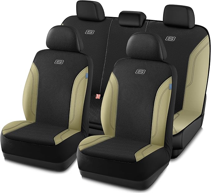 Skechers Car Seat Covers, Work Leather Seat Covers 5-Times Stronger Built-in Webbing,Oxford Fabric Seat Cover Full Sets, Airbag Compatible, Automotive Comfort for Cars,Trucks,SUVs,Beige