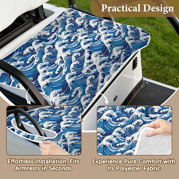 Golf Cart Seat Covers, Blue Golf Cart Seat Towel Blanket Club Car for Golf Lover, Wave Golf Cart Accessories, Keep Seat Comfortable and Cool for 2-Seat Golfs Carts, Gifts for Christmas Thanksgiving