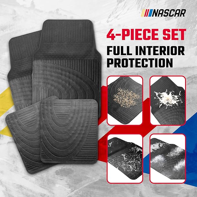 NASCAR Essential Car Floor Mats – 4-Piece Set | All-Weather Protection | Universal Fit for Cars, Trucks & SUVs | Trim-to-Fit | Black Rubber Floor Mats