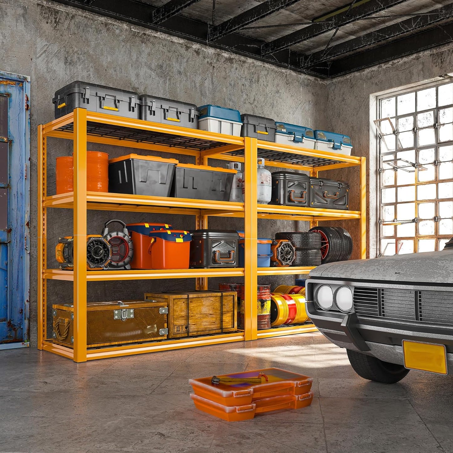 REIBII 40" W Garage Shelving Heavy Duty Metal Shelving 2200LBS Storage Shelves 4 Tier Garage Shelves Adjustable Metal Shelf for Warehouse Basement Pantry Kitchen 40" W x 19.7" D x 59.9" H, Orange