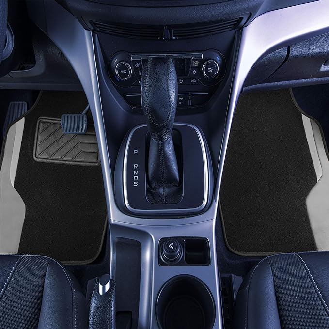 FH Group Color-Block Carpet Car Floor Mats – Non-Slip, Faux Leather Accents, Universal Fit for Sedan, SUV & Truck – Full Set Gray