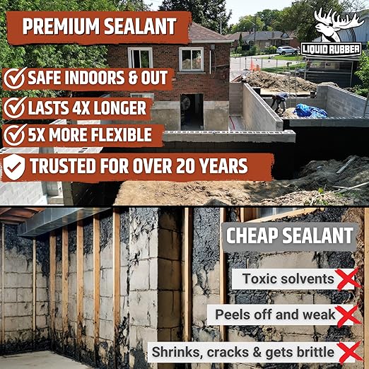 Liquid Rubber Basement and Foundation Repair Sealant - Waterproof Concrete Sealer & Crack Filler - Flexible Coating for Indoor & Outdoor Use - Waterproofing Paint - Black, 12 Pack
