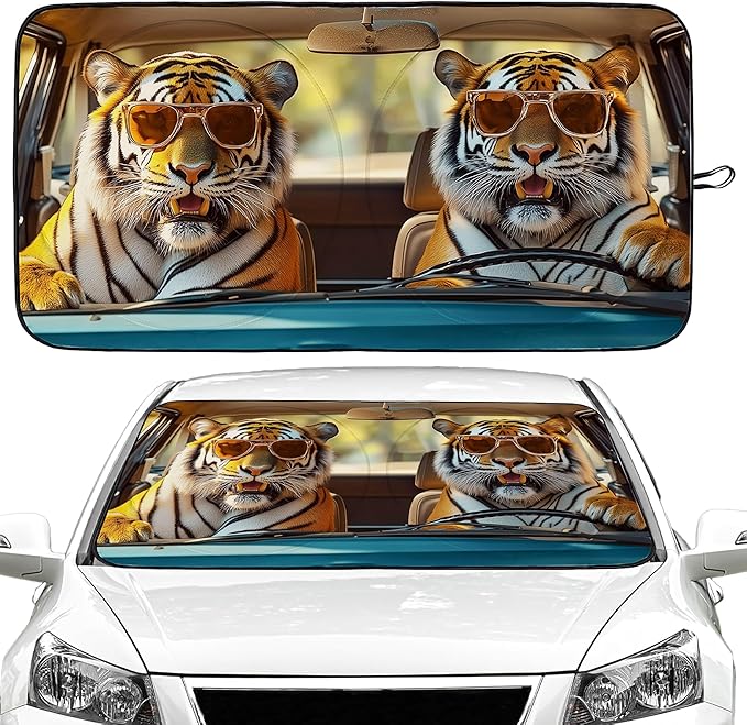 Tiger Car Windshield Sun Shade Foldable Sunshade Front Window Cover Sun Visor Protector Accessories (59x27.5 inches)