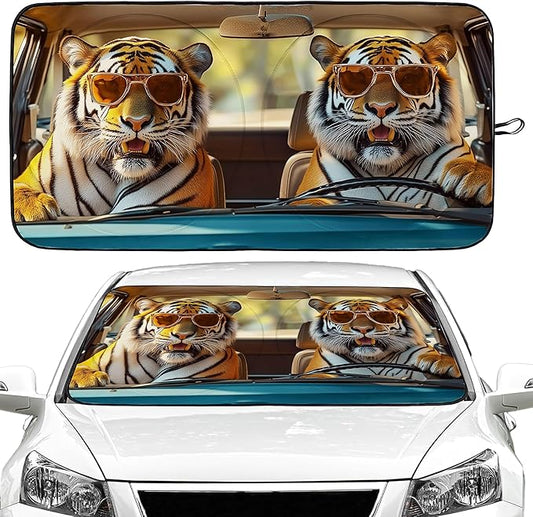 Tiger Car Windshield Sun Shade Foldable Sunshade Front Window Cover Sun Visor Protector Accessories (59x27.5 inches)