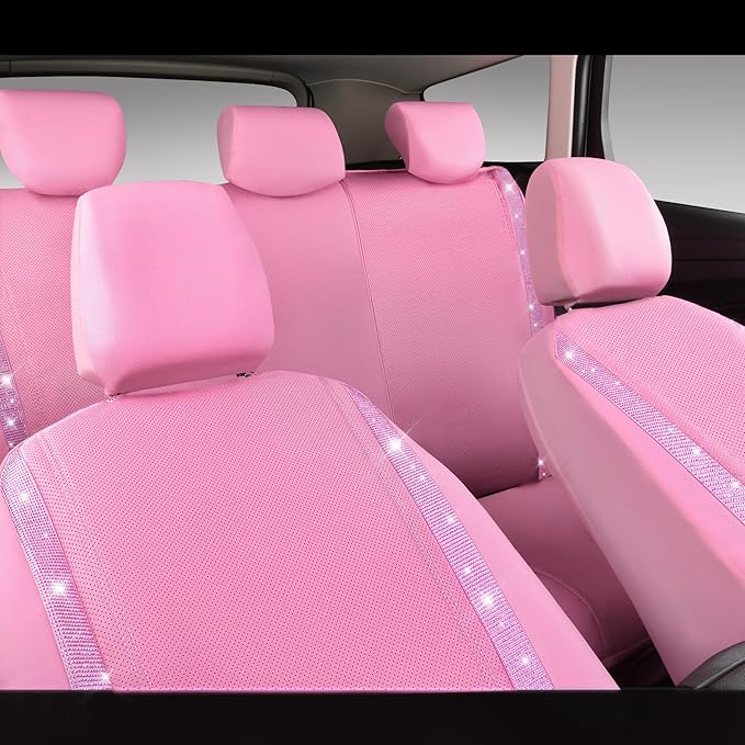 CAR PASS Bling Diamond Car Seat Covers Full Set, Shining Rhinestone Waterproof Faux Leather, Rear with Zipper, Universal Fit Automotive Glitter Crystal Sparkle Strips for Cute Women Girl, Pink