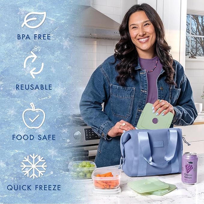 Cool Coolers by Fit & Fresh Slim Ice Packs, Quick Freeze Reusable Ice Packs for Lunch Boxes & Coolers, Long-Lasting, Space Saving Lunch Ice Packs, Sage, 4Pk