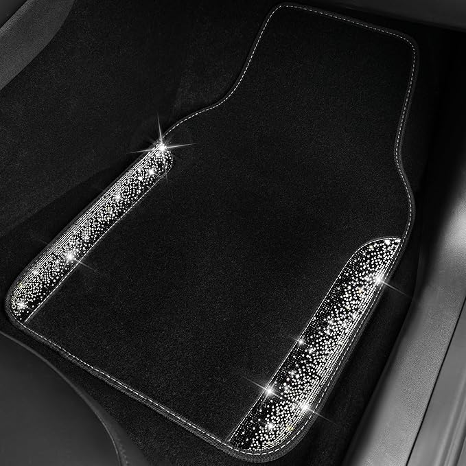 CAR PASS Bling Car Mats Shining Diamond Carpet Crystal Rhinestone Sparkly Glitter Floor Mats with Anti-Slip PVC Pad Universal Fit Automotive SUV,Sedan,Van,4pcs for Girl Women, Black Sliver Diamond