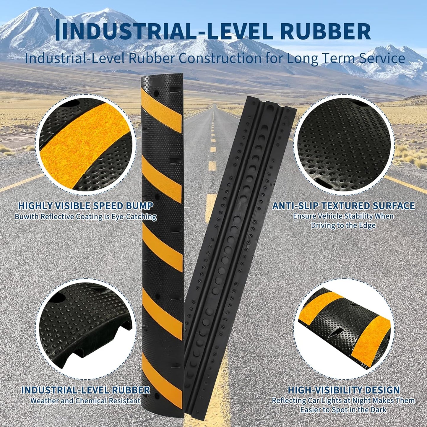 4 PCS 6FT Speed Bumps Wite End for Road, Heavy-Duty 25,000 lbs Capacity Traffic Rubber Speed Humps with 2 Channel Floor Cord Cover for Asphalt Concrete Gravel Driveway Road (4)