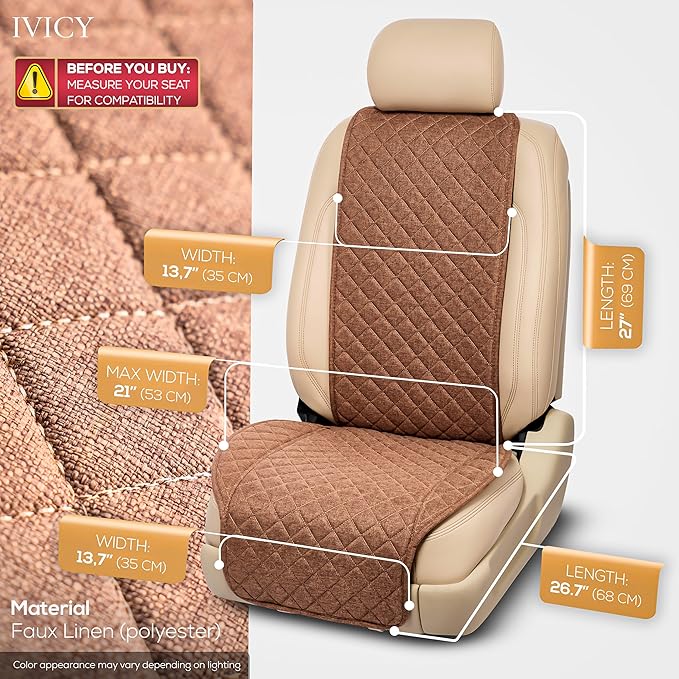 IVICY Faux Linen Front Car Seat Cover – Durable, Non-Slip Seat Protector for Cars – 1 Unit, Light Brown