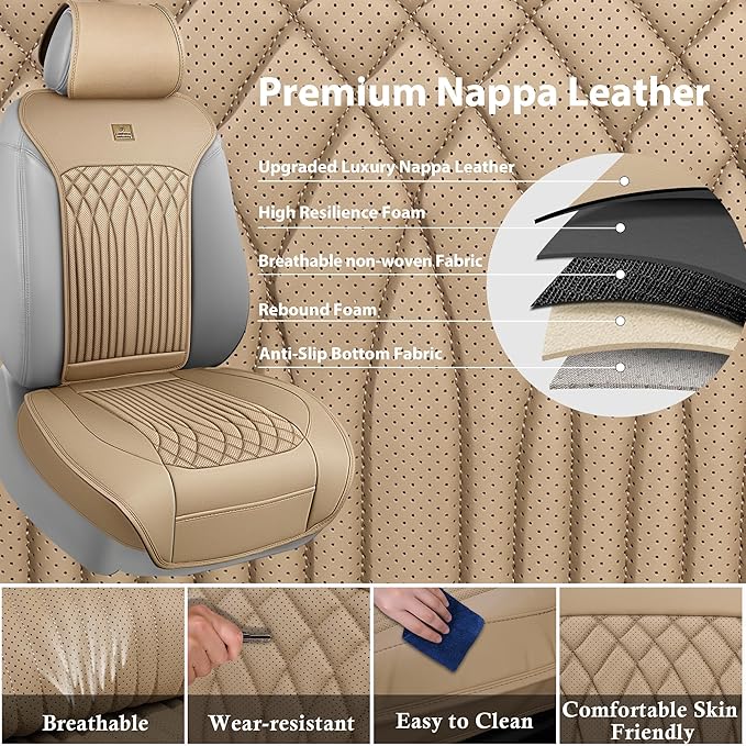 CAR PASS Car Seat Protector, 2 Pack Sideless Nappa Leather Seat Covers for Cars, All Season Waterproof Breathable Front Seats Cushion with Storage Pocket Universal Fit Vehicle Car SUV Truck, All Beige