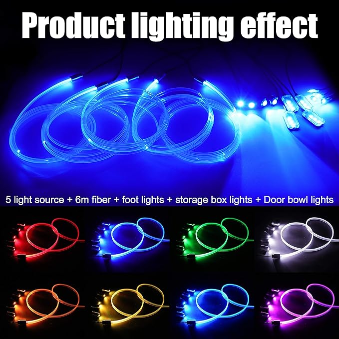 Car Interior Ambient Lighting Optic Fiber RGB 64 Colors Multicoloured Music Car Footwell Lighting Kit with Cigarette Lighter and App Microphone, DC 12V-24V 1W 6m