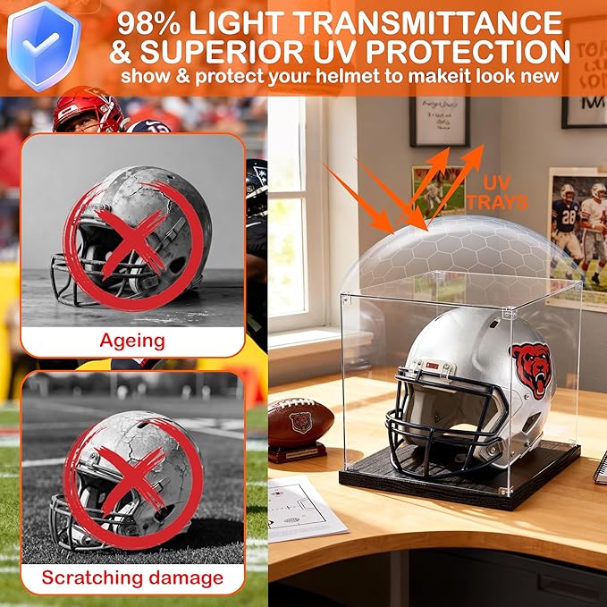 Football Helmet Display Case with Light Strip, Full Size Helmet Display Case with Wood Grain Base, UV Protection Helmet Showcase for Football, Hockey, Baseball, Motorcycle Helmets, Memorabilia Sports