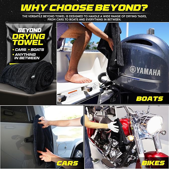 Beyond Drying Towel 1300 GSM - Super Absorbent Large Premium Microfiber Detailing Towel for Cars and Boats - Twisted Loop Microfiber Technology - One-Pass Scratch and Streak Free - 24' x 36' Black