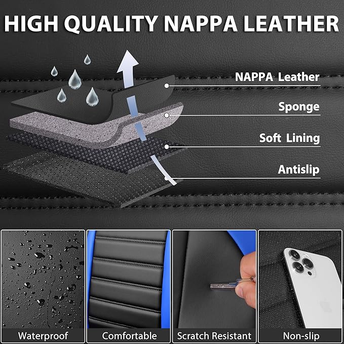 CAR PASS Nappa Leather Car Seat Covers Full Set, Luxury Seat Protector for Cars, Waterproof Anti-Slip Seat Cushion Armrest Compatible Airbag Universal for Sedan SUV Pick-up Truck Auto, Black Blue