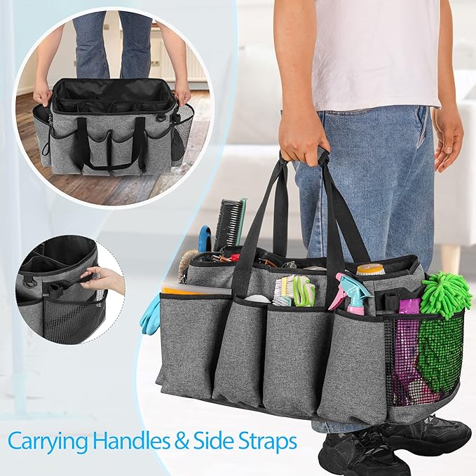 HODRANT Extra-Large Cleaning Caddy, Organizer with Handles for Cleaning Tools & Products Storage, Large Capacity Tote Bag for Car, Home & Housekeeping Work, Gray