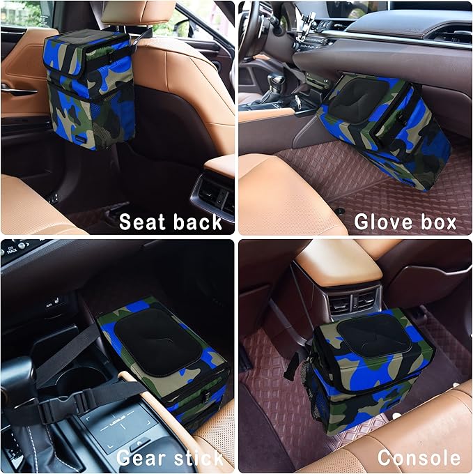 SIBOFUEGO Cute Car Trash Can with Lid – Multipurpose Collapsible Trash Bin for Car, Leak-Proof Organizer, Waterproof Garbage Can with Storage Pockets & Adjustable Straps, 2 Gallons (Camo Blue)