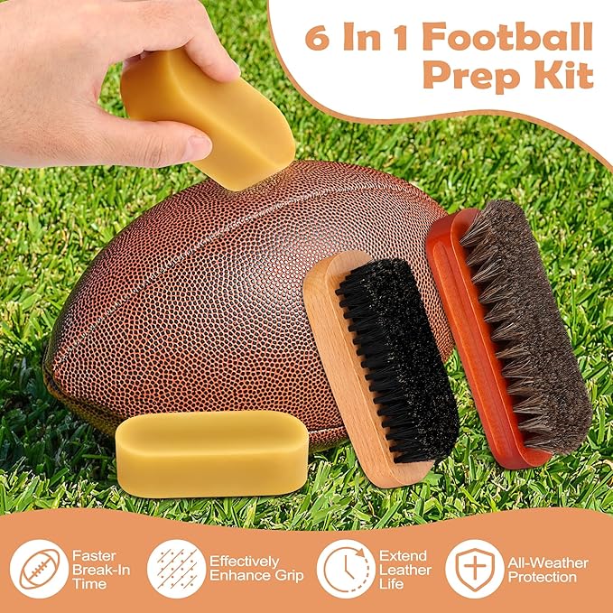 Luxiv 6Pcs Football Prep Kit, 6 in 1 Football Wax for Improved Tack Leather Football Conditioning Set for Enhanced Grip with Soft Horsehair Brush, Hard Hog Bristle Brush, 2 Waxes, Clean Cloth, Bag