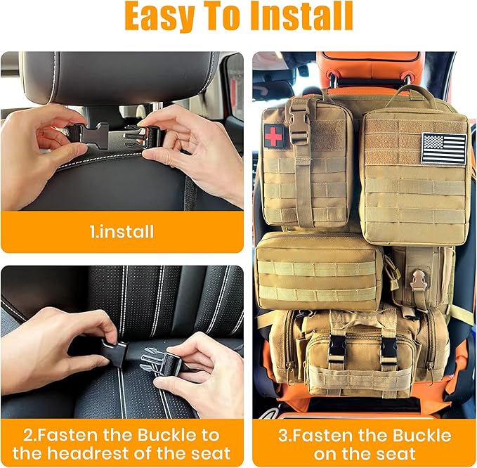 6 Pack Tactical MOLLE Car Seat Back Organizer - Universal Vehicle Storage Bag with 5 Detachable MOLLE Pouches, US Flag Patch, Fits Jeep, Truck, SUV, Car, Ford, Chevy, Toyota, Honda (KHAKI)