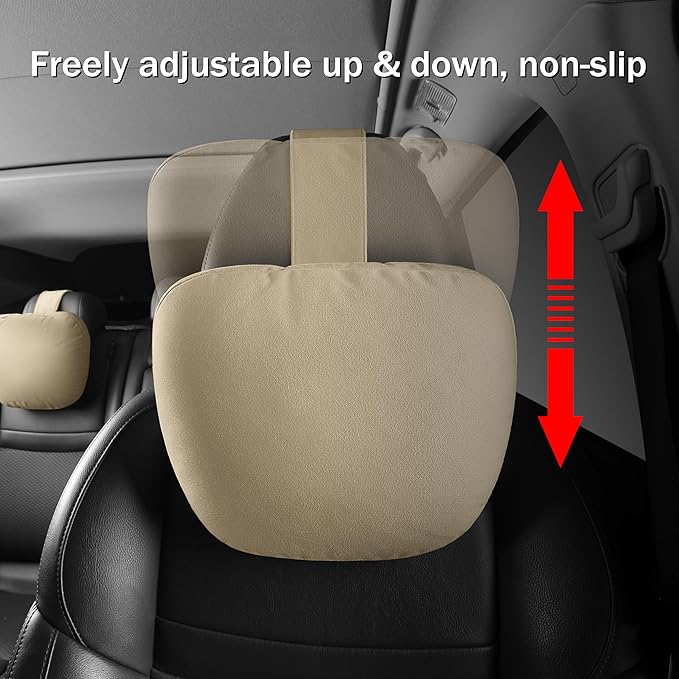 2pcs Car Neck Pillow for headrests,Support Drive Seats Head Cushion Pillows,Microfiber Velvet,Plant-Based Polyester,Thickness & Height Adjustable,11.8x7.5,Inner Liner fillable(Beige)