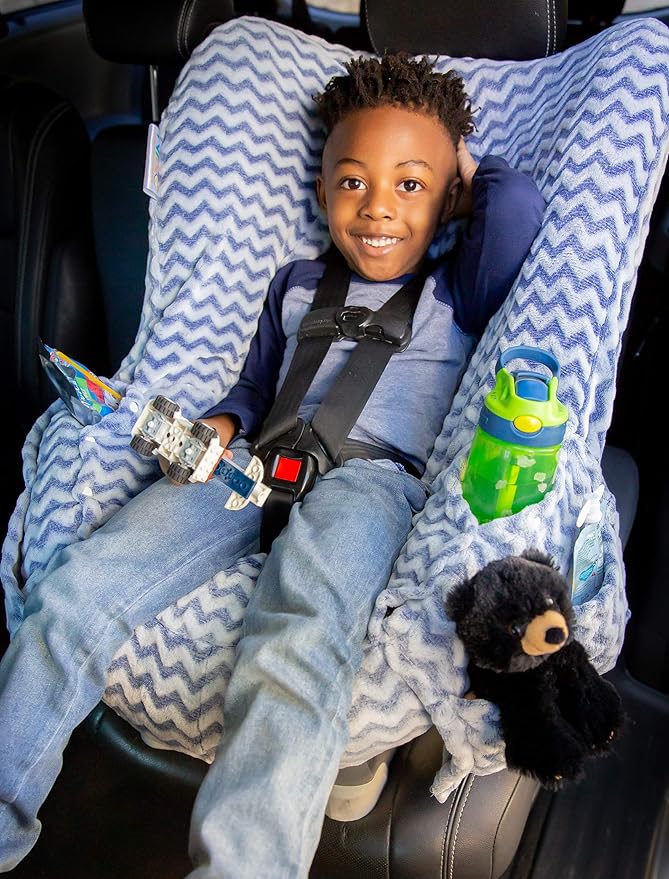 Niko Easy Wash Children's Car Seat Cover & Liner - Blue Chevron Minky - Great for Winter Weather - Universal FIT - Crash Tested - Waterproof SEAT Bottom - Mess Protection - Machine Washable