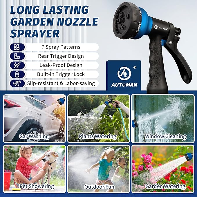 AUTOMAN-Garden-Hose-Nozzle, 2 Pack ABS Water Spray Nozzle with Heavy Duty 7 Adjustable Watering Patterns,Slip Resistant for Watering Plants,Lawn& Garden,Washing Cars,Cleaning,Showering Pets - Blue