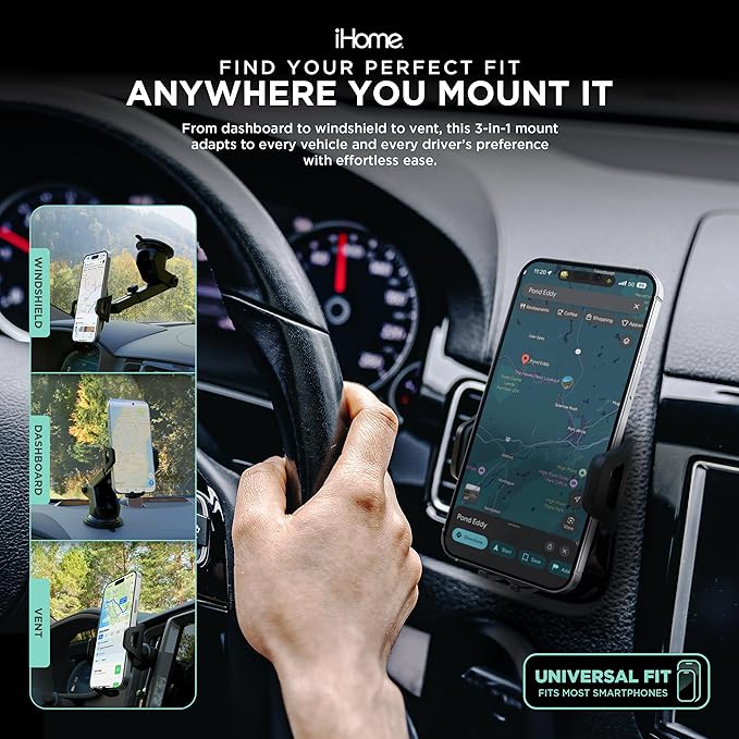 iHome Car Mount, Dashboard/Windshield/Vent Mount, Swivel Neck, Silicone Grip, Adjustable Mount Arm with Suction Cup Base (Universal Car Mount)