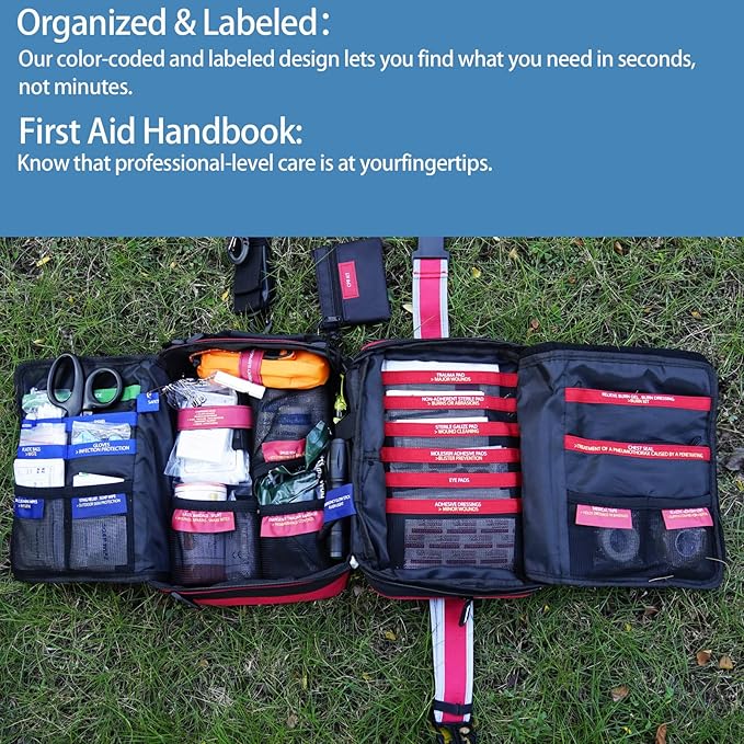 Besst Survivor 401 Piece First Aid Kit with Chest Seals -Labeled, Expandable & Mountable, Emergency Medical Kit for Home, Car, Camping & Outdoor, Waterproof Trauma Kits with Labeled Compartments