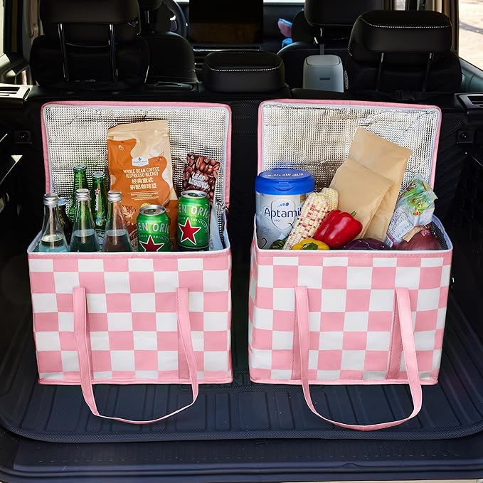 Checkered Insulated Grocery Bags 2 Pack, Checkerboard Cooler Shopping Bags for Groceries, Insulated Bags for Food Delivery