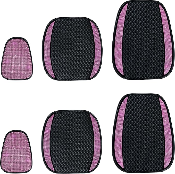 Luxury PU Leather Car Seat Cover Protector Bling Rhinestones Diamond Front Auto Seat Protector Pad for Girls Women or Ladies Auto Sparkling Crystal Universal Interior Accessories Pink 2Seats