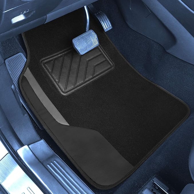 FH Group Color-Block Carpet Car Floor Mats – Non-Slip, Faux Leather Accents, Universal Fit for Sedan, SUV & Truck – Full Set Black