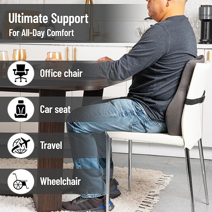 Mind Reader Air-Cloud Lumbar Cushion, Ergonomic Memory Foam Back Support Pillow for Office Chairs, Recliners, and Car Seats, Chiropractor-Recommended, Gray