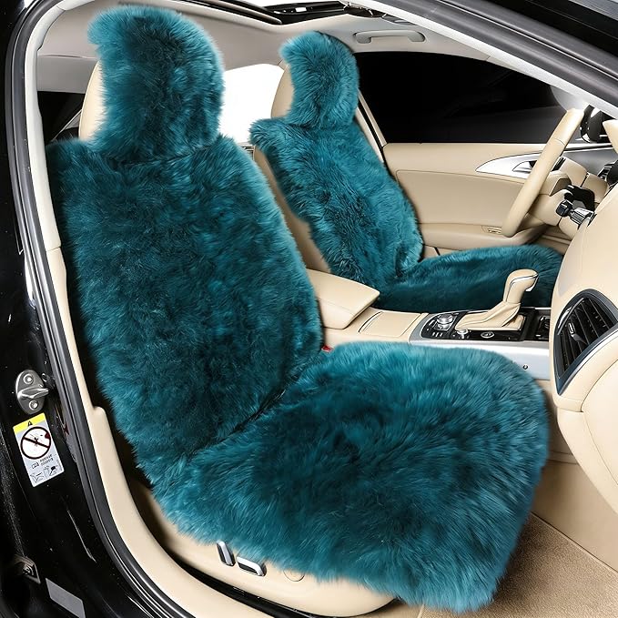Fluffy Genuine Sheepskin Car Seat Cover-Fuzzy Real Fur Auto Cushion-Universal Fit Soft Long Wool Pad for Front Driver Accessories Protecter Truck, SUV, Van (Peacock Blue, 2 Pcs Front Seat Cover)