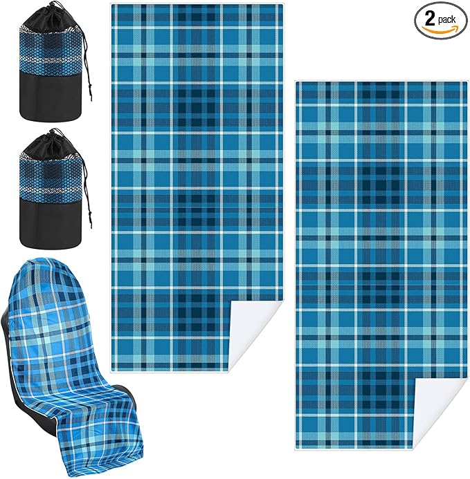 2 Pack Car Seat Towel Covers with Storage Bag 63 x 32 Inch Athletic Running Towel Seat Sweat Washable Non Slip Cover Gift for Car Outdoor Sport Activities (Blue Plaid)