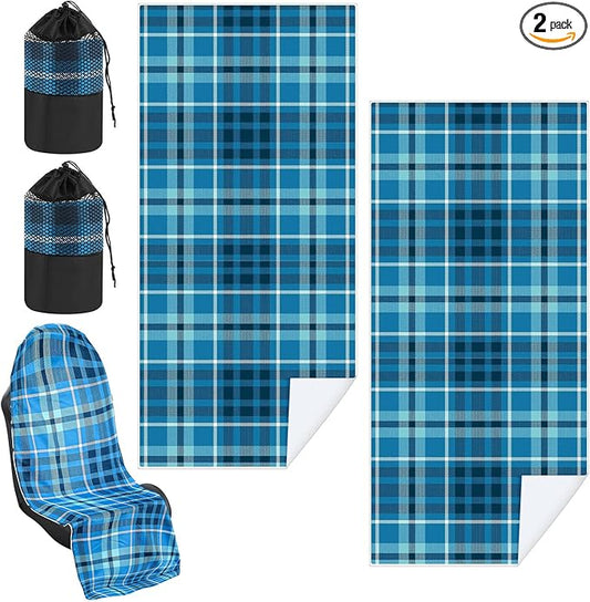 2 Pack Car Seat Towel Covers with Storage Bag 63 x 32 Inch Athletic Running Towel Seat Sweat Washable Non Slip Cover Gift for Car Outdoor Sport Activities (Blue Plaid)